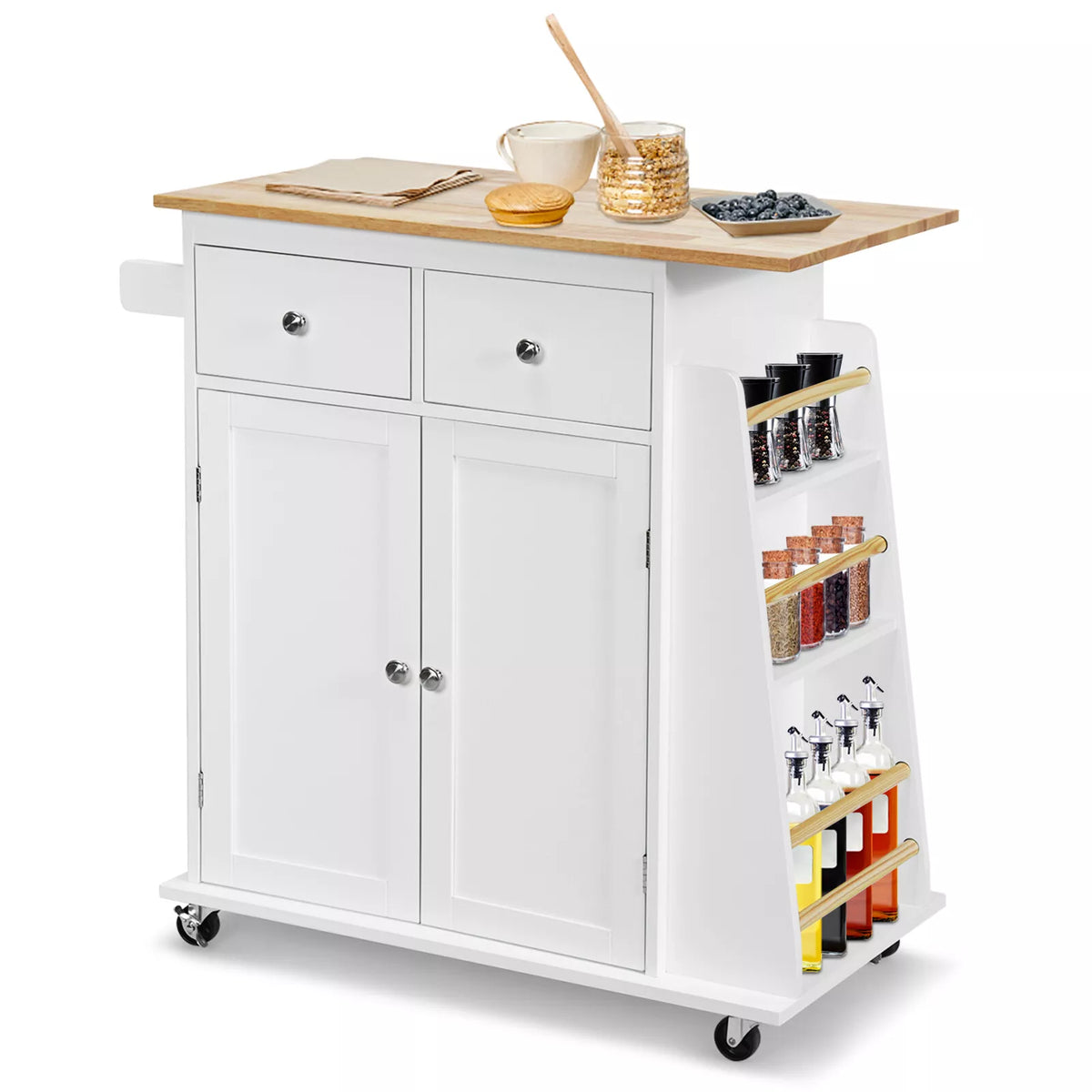 Kitchen Island with Storage Rolling Trolley Cart 2-Door Cabinet Dining Room