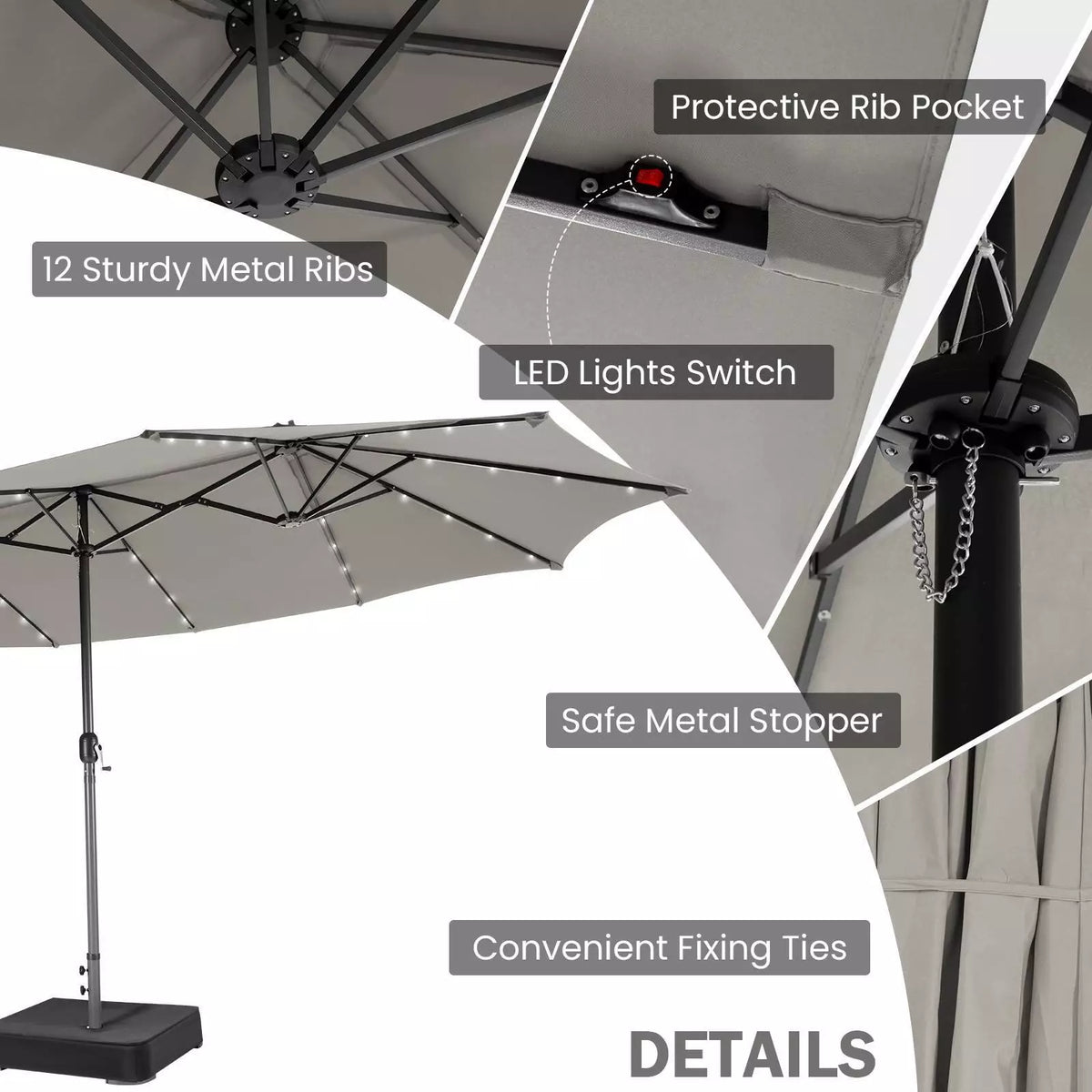 480cm Double-Sided Patio Umbrella w/ Auto-Charging Solar Panel & 48 Solar Lights