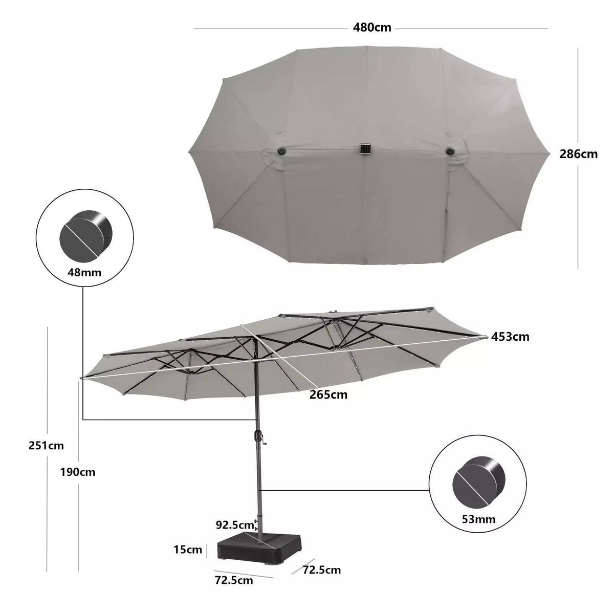 480cm Double-Sided Patio Umbrella w/ Auto-Charging Solar Panel & 48 Solar Lights