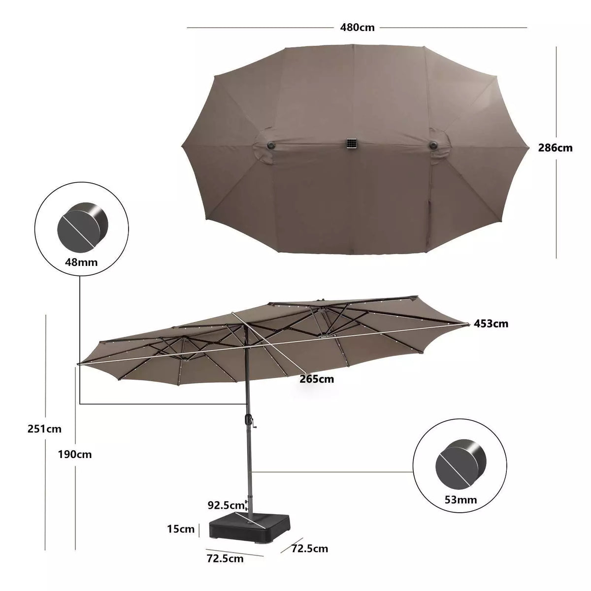 480cm Double-Sided Patio Umbrella w/ Auto-Charging Solar Panel & 48 Solar Lights