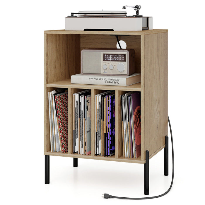 Record Player Stand Turntable Stand w/ Storage Shelf Charging Station USB Port