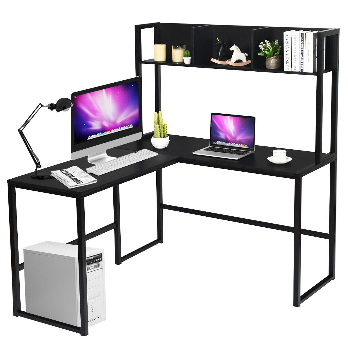 140cm L-Shaped Desk Corner Computer Desk Writing Workstation Table w/Hutch