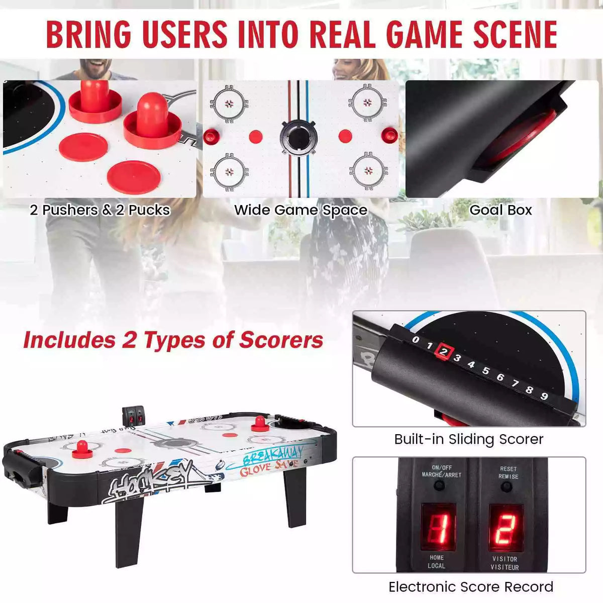 107cm Indoor Portable Air Powered Hockey Table W/LED Scoreboard for Home & Bar