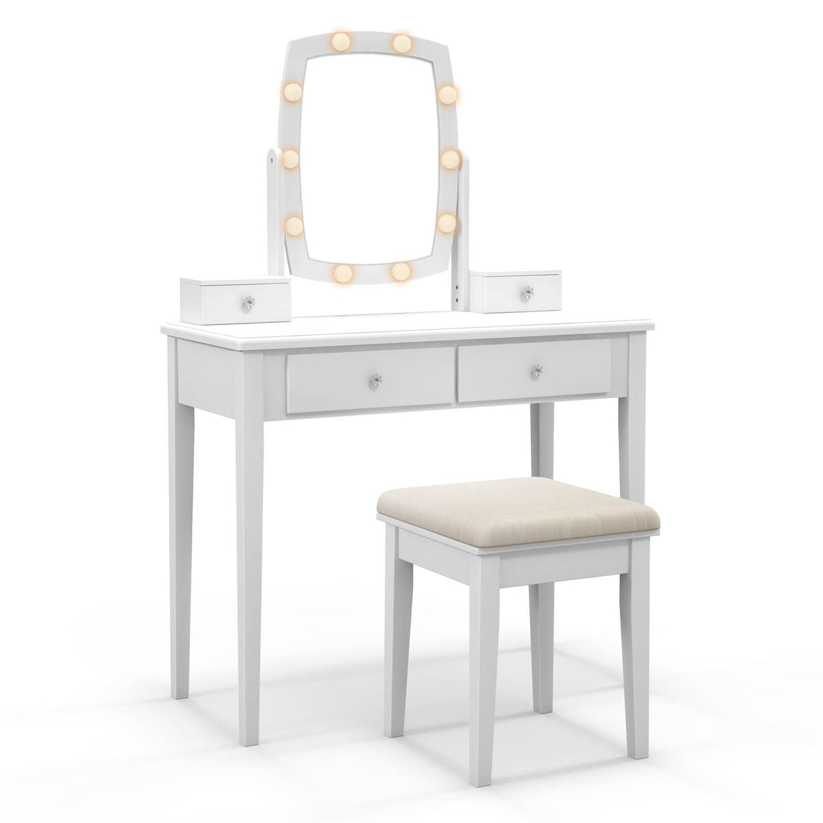 Makeup Vanity Set Dressing Desk & Cushioned Stool Swivel Mirror & LED Lights