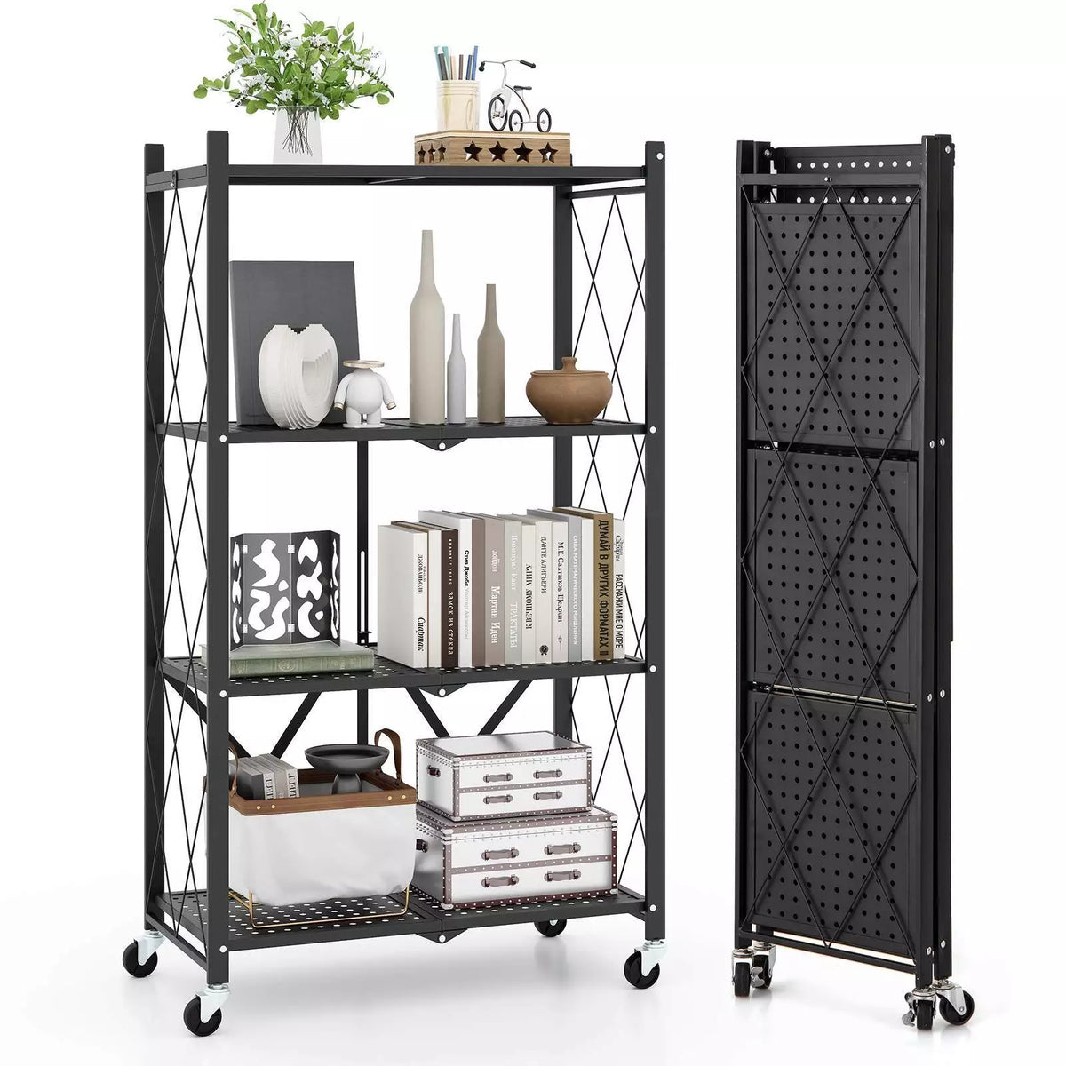 4-Tier Foldable Storage Shelf Collasible Storage Rack w/ Lockable Wheels