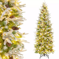 190CM Pre-lit Xmas Christmas Slim Tree w/60 Natural Pine Cones & PE Snowy Leaves