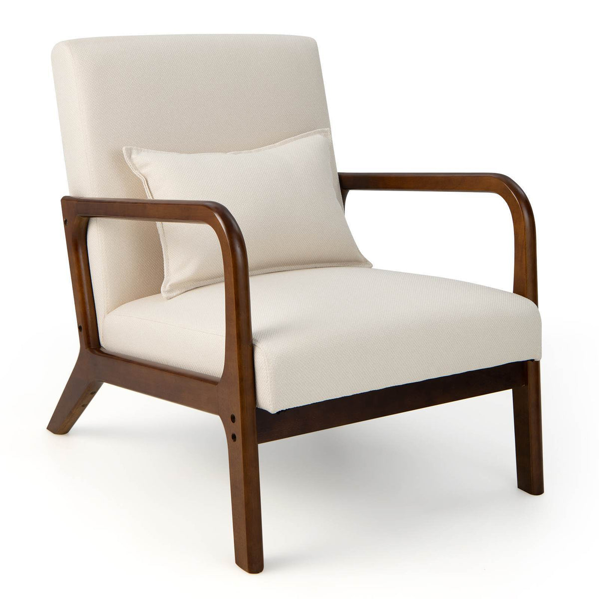 Accent Chair Leisure Chair with Rubber Wood Frame Lumbar Pillow Armchair Beige