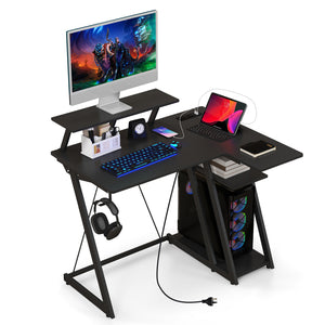 L Shaped Gaming Desk with Outlets & USB Ports Monitor Shelf Headphone Hook