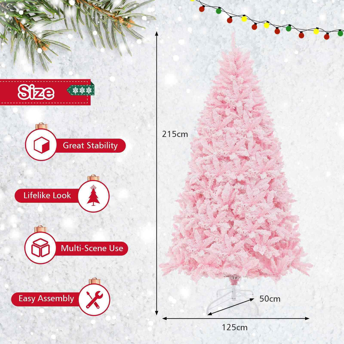 1.85m/2.1m Pink Snow Flocked Christmas Tree Artificial w/ 8 LED Lighting Modes