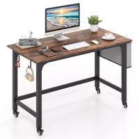 Computer Desk on Wheels, Rolling Home Office Desk w/ Detachable Fabric Bag & Headphone Hooks