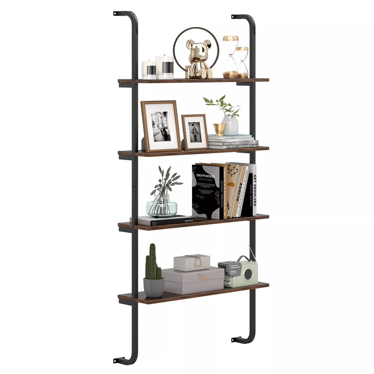 4-Tier Industrial Pipe Shelving Wall Mounted Wood Floating Shelves for Home