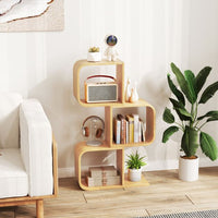 S-Shaped Bookcase Bamboo Bookshelf with 2 Cubes Geometric Corner Display Shelf