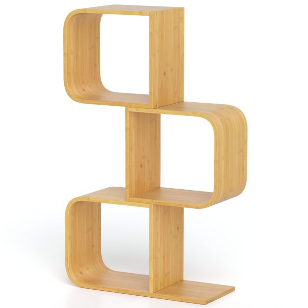 S-Shaped Bookcase Bamboo Bookshelf with 2 Cubes Geometric Corner Display Shelf