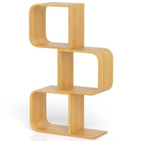 S-Shaped Bookcase Bamboo Bookshelf with 2 Cubes Geometric Corner Display Shelf