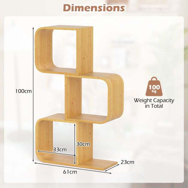 S-Shaped Bookcase Bamboo Bookshelf with 2 Cubes Geometric Corner Display Shelf