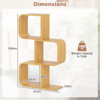 S-Shaped Bookcase Bamboo Bookshelf with 2 Cubes Geometric Corner Display Shelf
