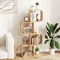 S-Shaped Bookcase Bamboo Bookshelf with 2 Cubes Geometric Corner Display Shelf