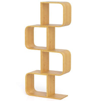 S-Shaped Bookcase Bamboo Bookshelf with 2 Cubes Geometric Corner Display Shelf