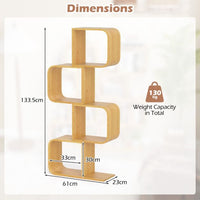 S-Shaped Bookcase Bamboo Bookshelf with 2 Cubes Geometric Corner Display Shelf