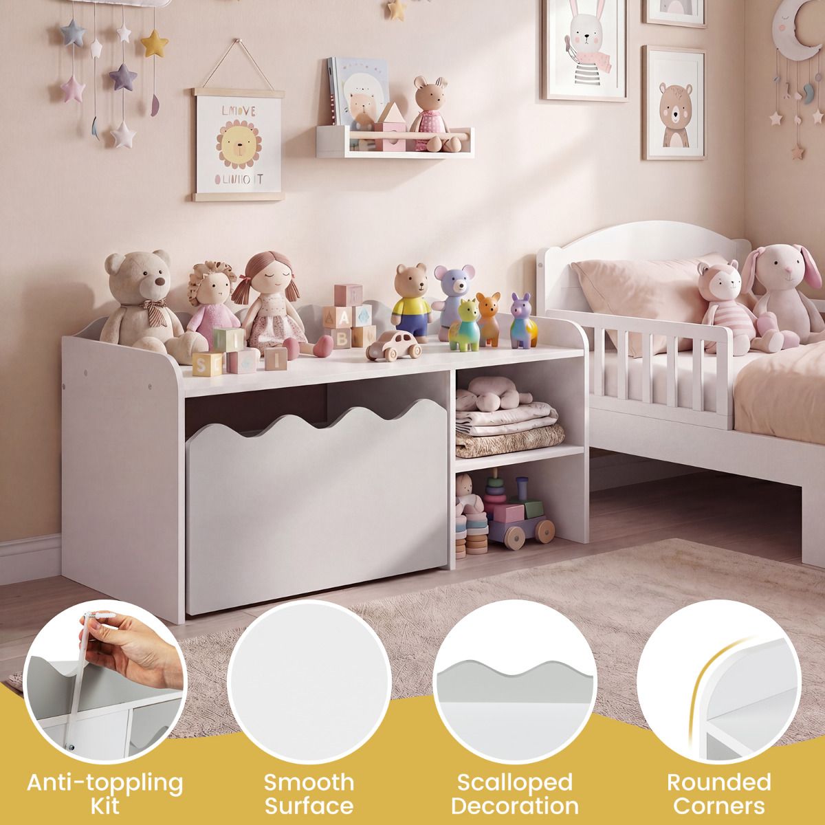 Scalloped Kids Bookshelf and Toy Storage Organizer for Bedroom