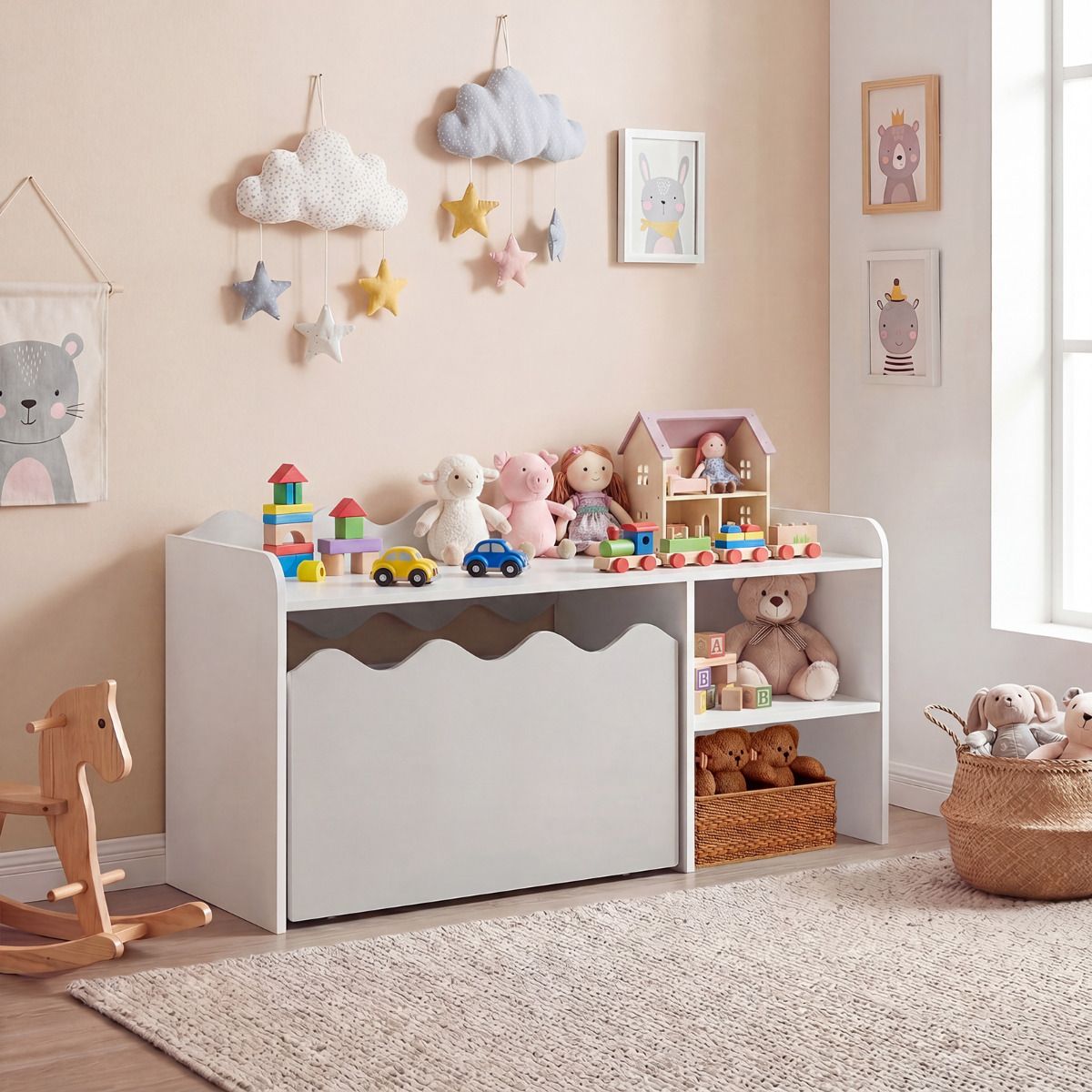Scalloped Kids Bookshelf and Toy Storage Organizer for Bedroom