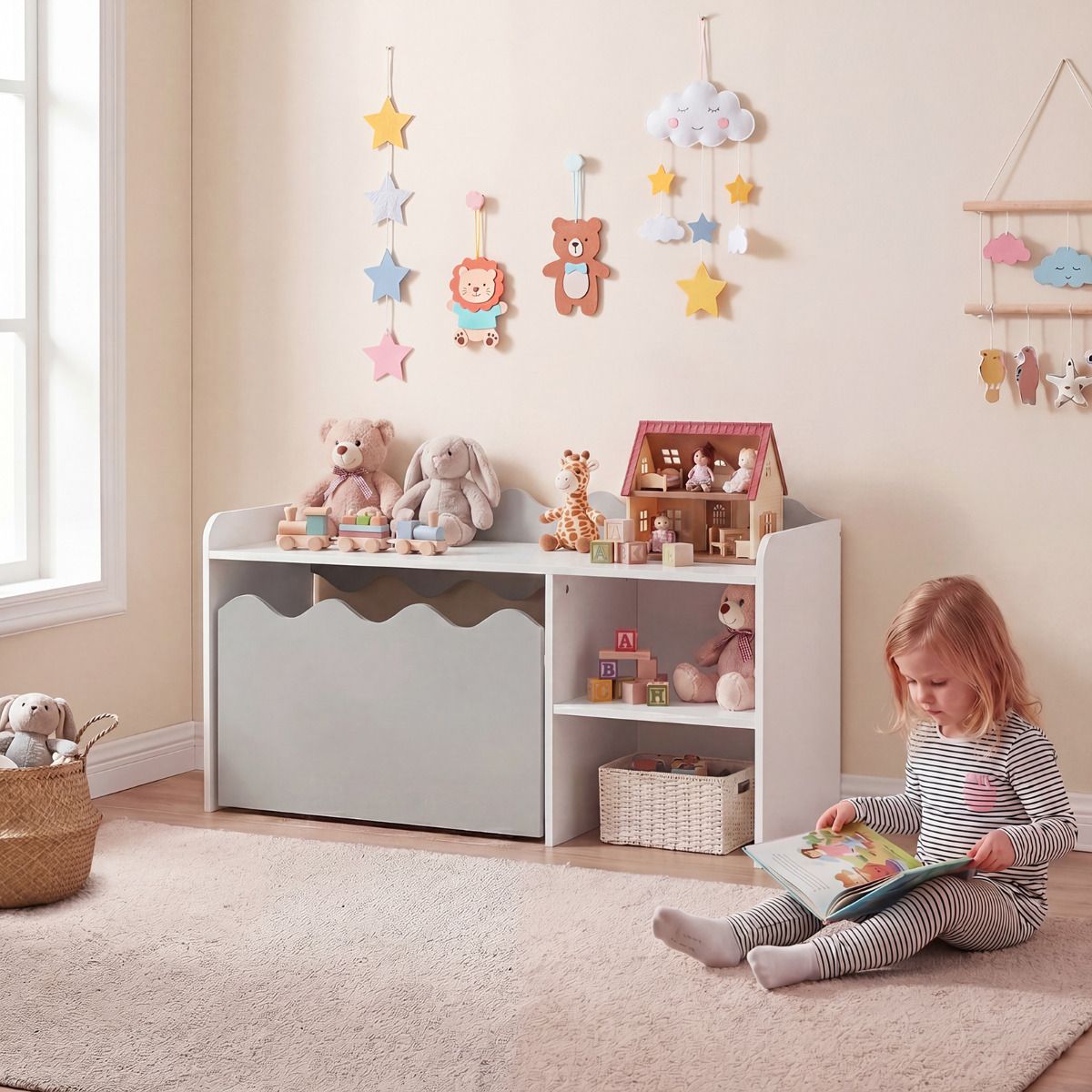 Scalloped Kids Bookshelf and Toy Storage Organizer for Bedroom