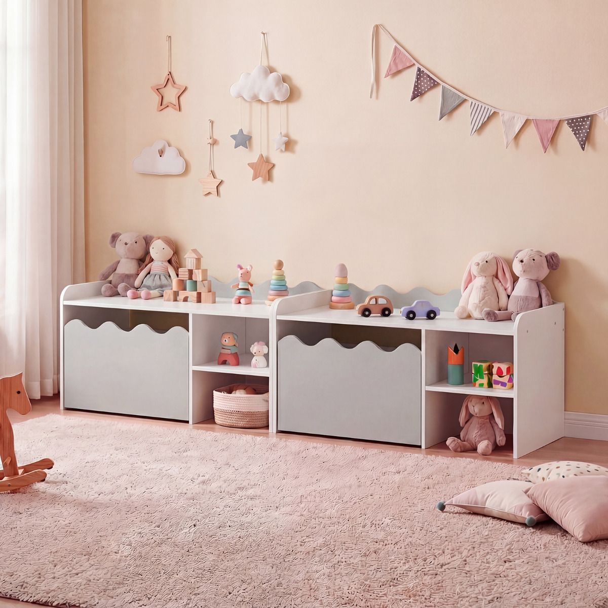 Scalloped Kids Bookshelf and Toy Storage Organizer for Bedroom