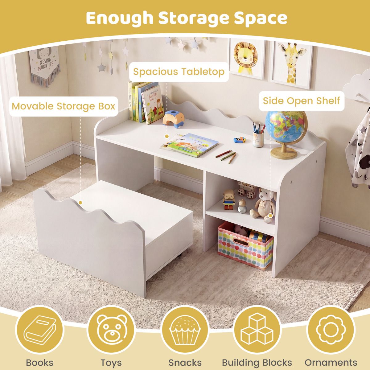 Scalloped Kids Bookshelf and Toy Storage Organizer for Bedroom