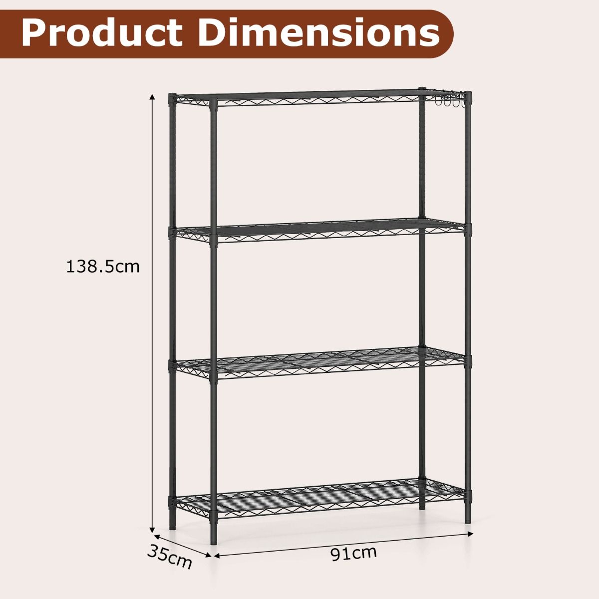 4/5-Tier Wire Shelving Unit with 4 Hooks and 452/565 kg Load Capacity