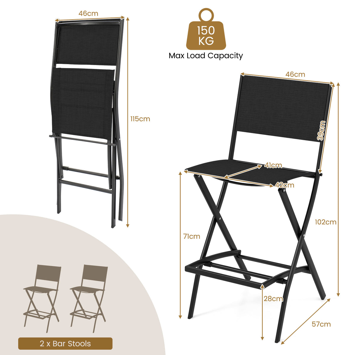 Outdoor Bar Chair Set of 2, Folding Bar Height Stool with Metal Frame & Footrest, Patio Bar Stool for Balcony, Garden & Poolside, Blue/Coffee