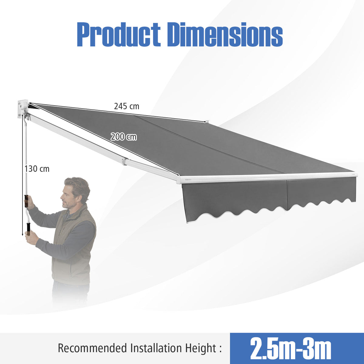 2*2.5 /2.5*2.95 M Retractable Awning, Sun Shade Shelter w/Easy Opening Manual Crank Handle