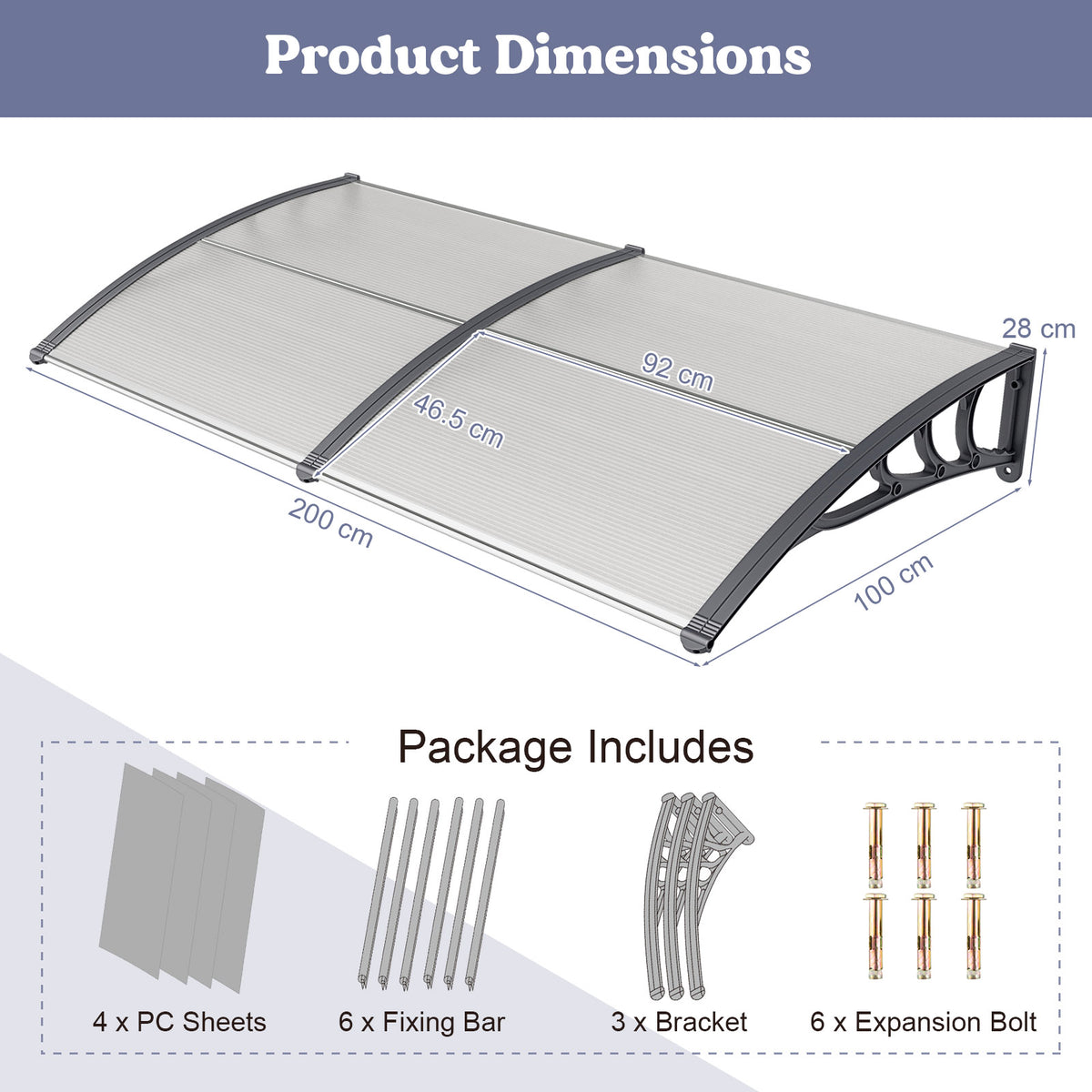 199 x 99 cm Window Awning Door Canopy Exterior