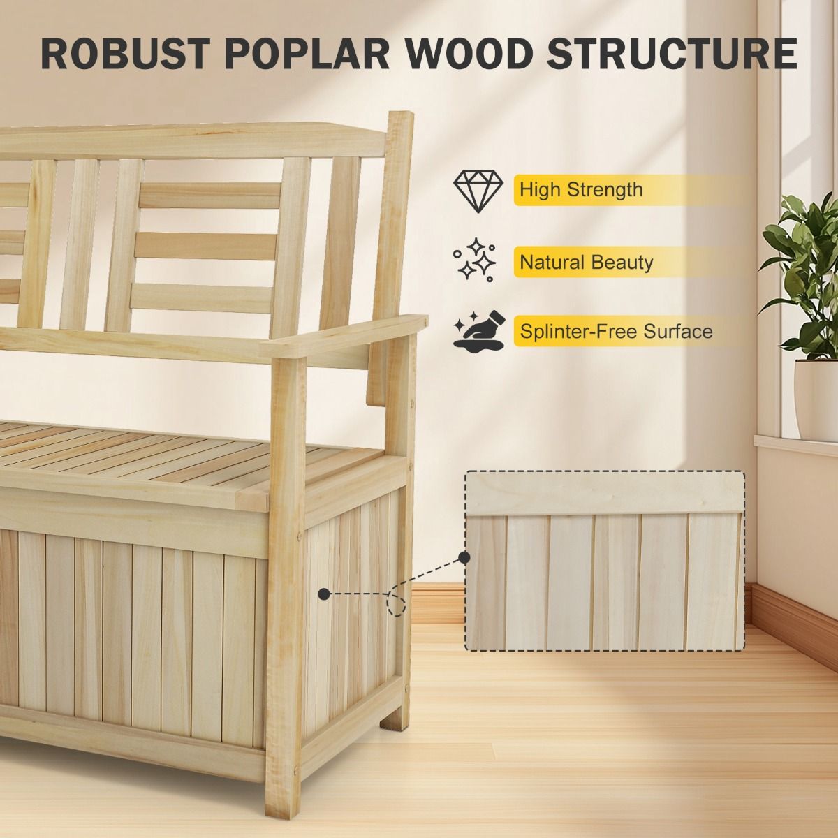 Solid Wood Storage Loveseat with Backrest and Armrests