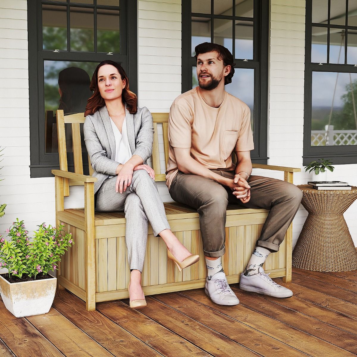 Solid Wood Storage Loveseat with Backrest and Armrests