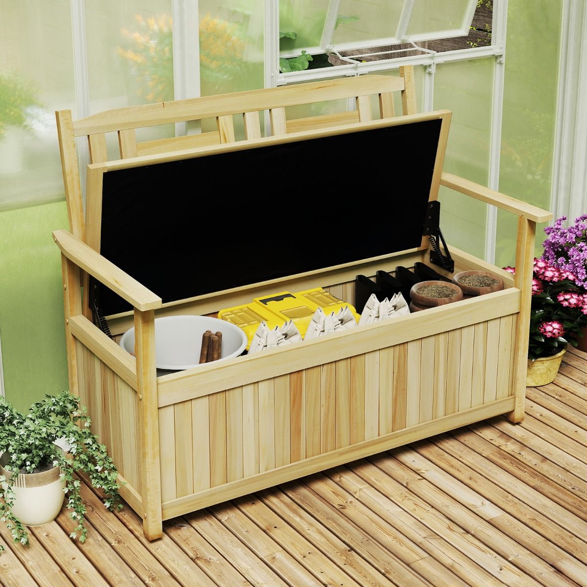 Solid Wood Storage Loveseat with Backrest and Armrests