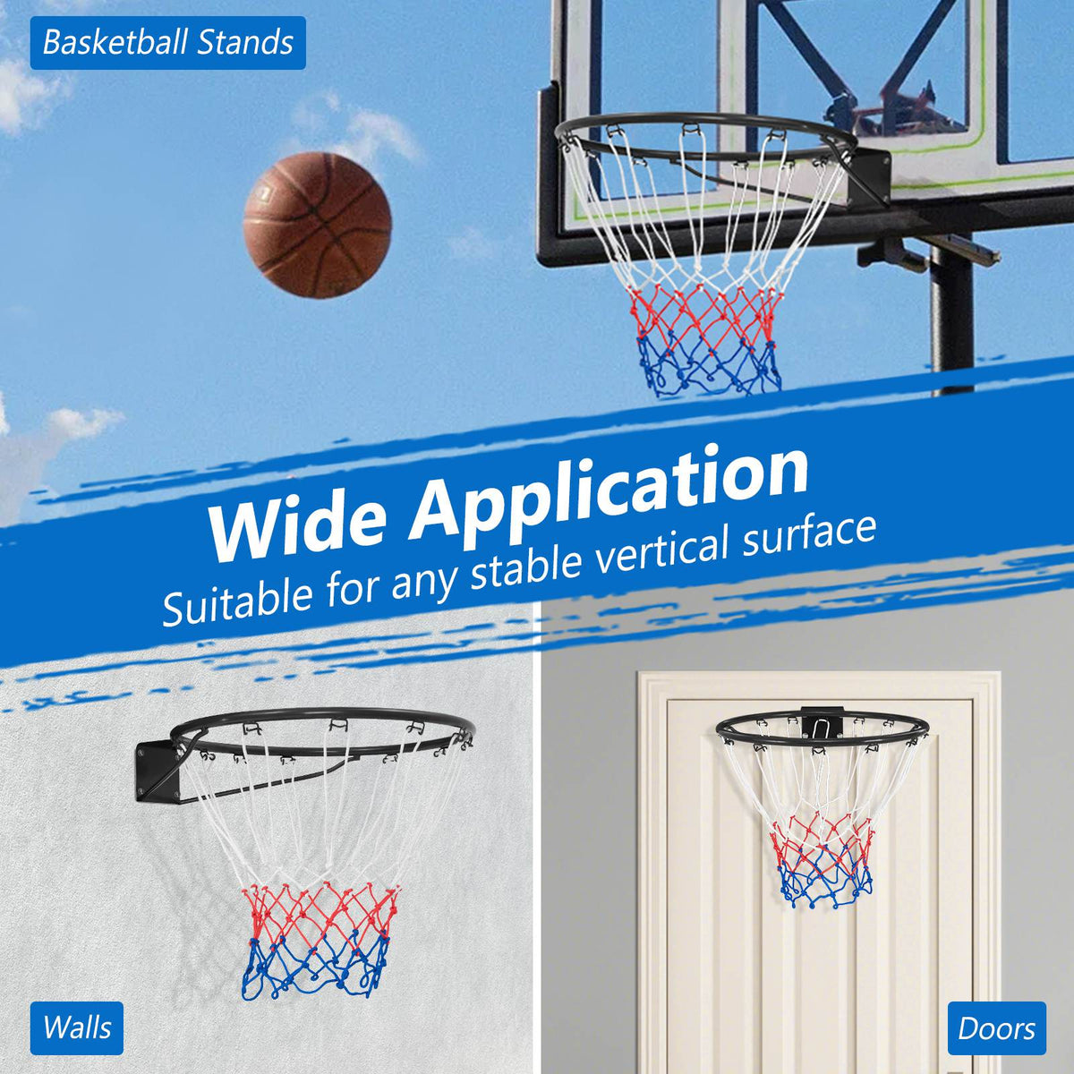 Basketball Rim Wall Door All-Weather Hanging Mounted Basketball Hoop w/ Net