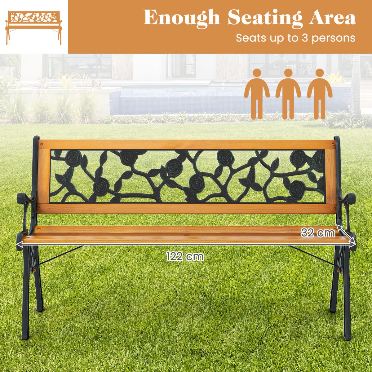 Stylish Garden Patio Bench Spacious 3-Person Outdoor Seating Classic Park Bench with Slatted Seat