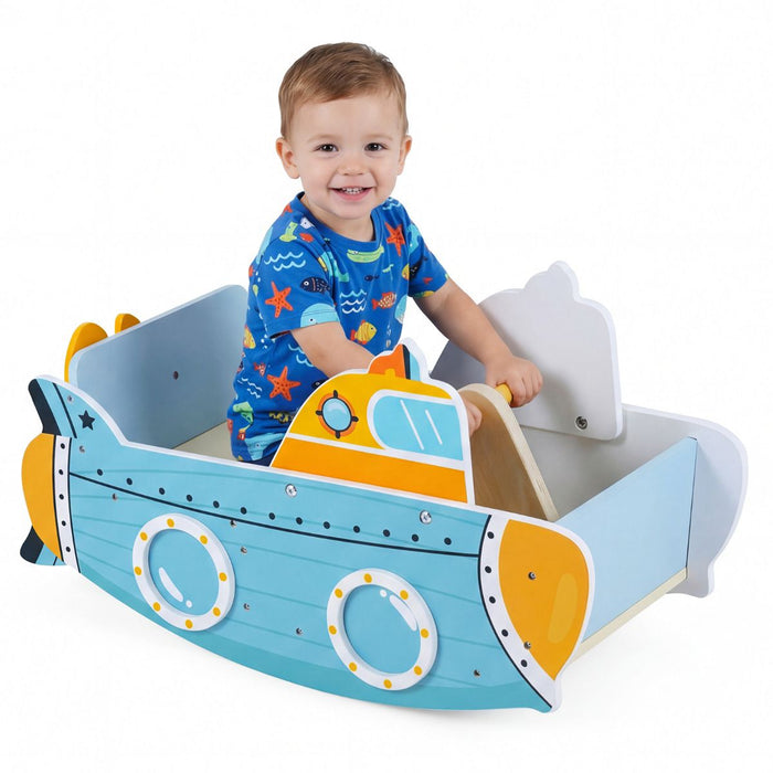 Submarine-Themed Wooden Rocking Boat with Rotating Propeller
