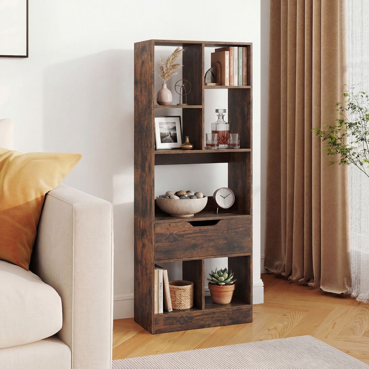 Tall Freestanding Bookshelf with Drawer and 7 Open Cubes