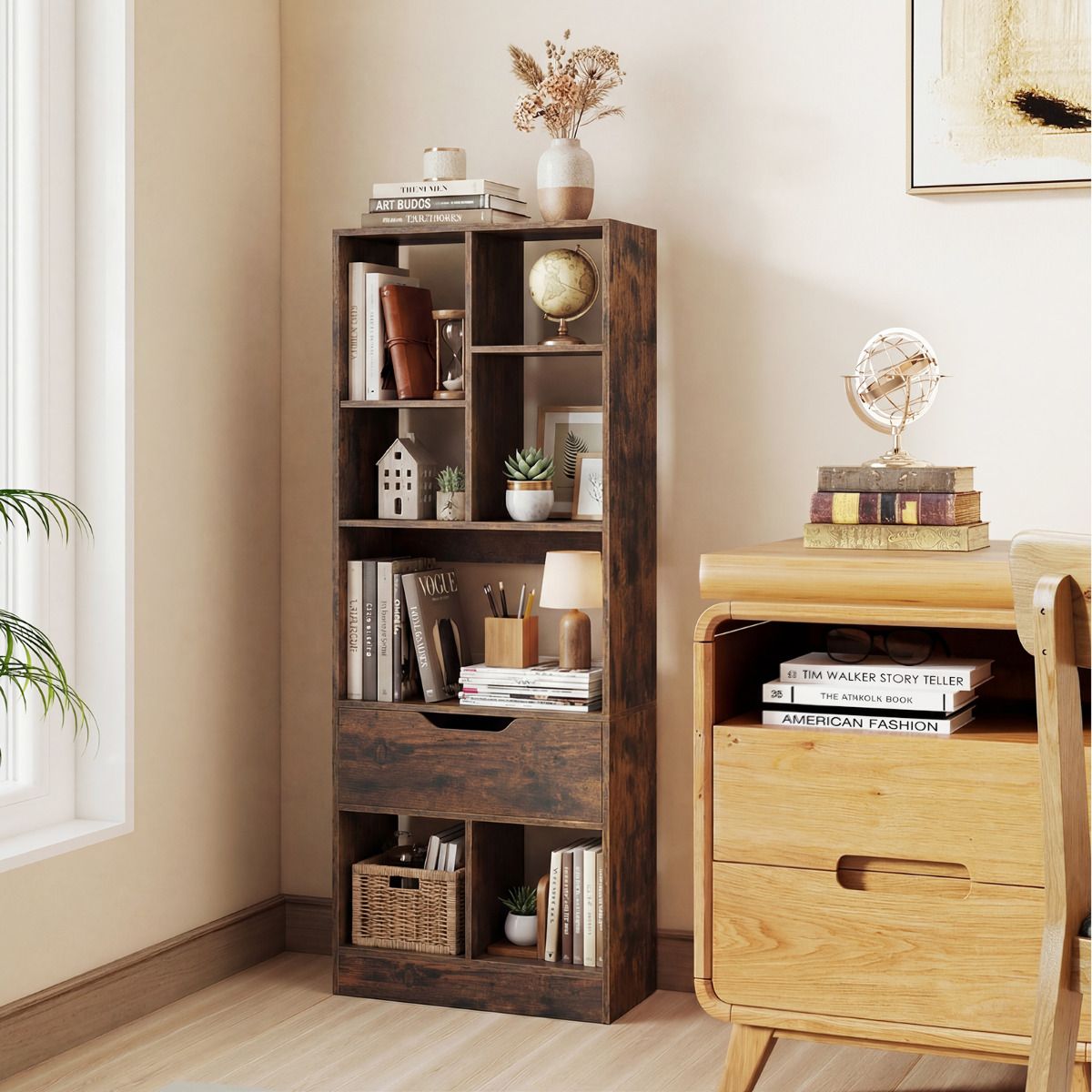 Tall Freestanding Bookshelf with Drawer and 7 Open Cubes