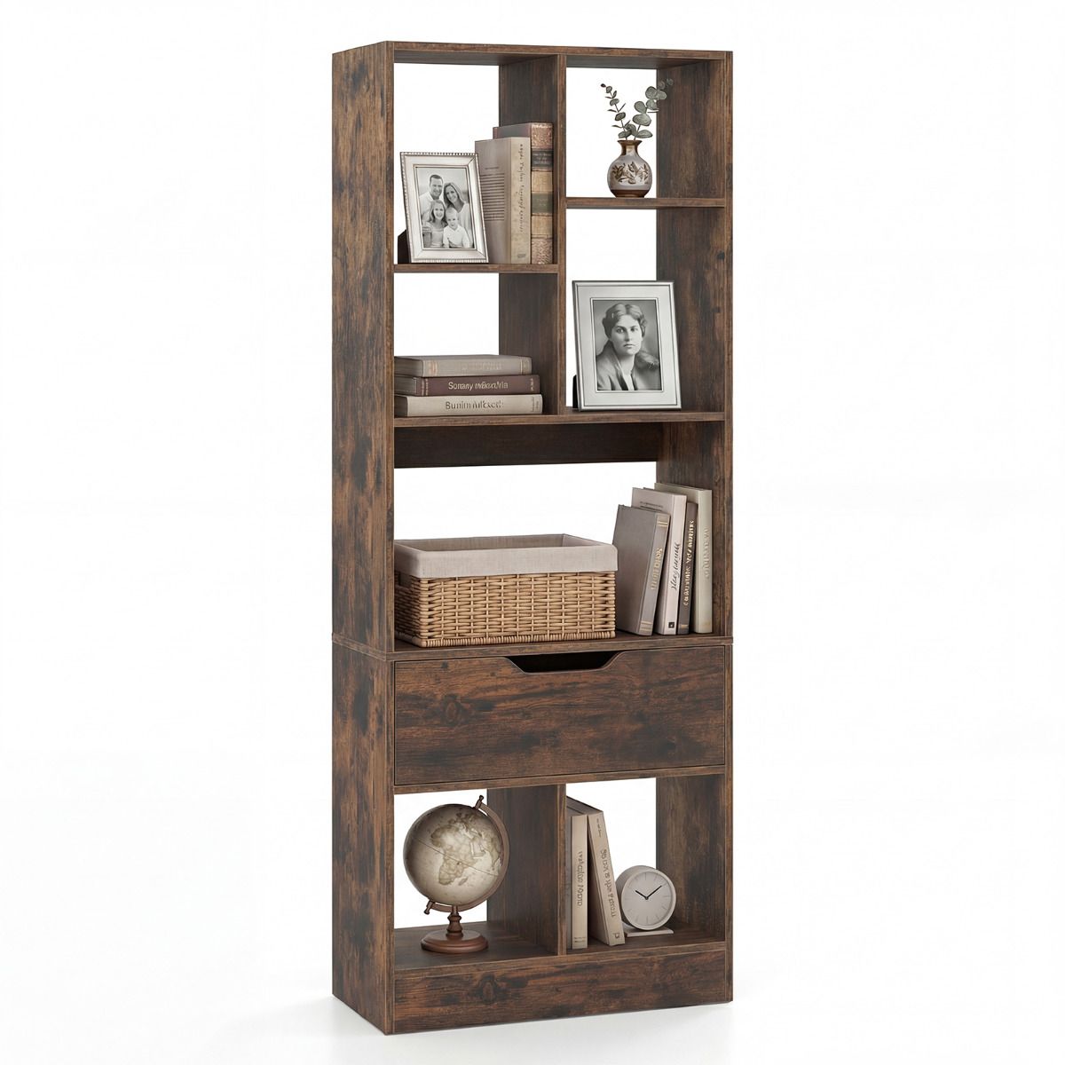 Tall Freestanding Bookshelf with Drawer and 7 Open Cubes