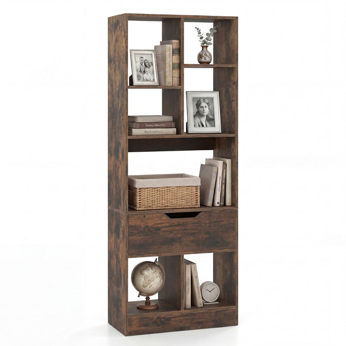 Tall Freestanding Bookshelf with Drawer and 7 Open Cubes