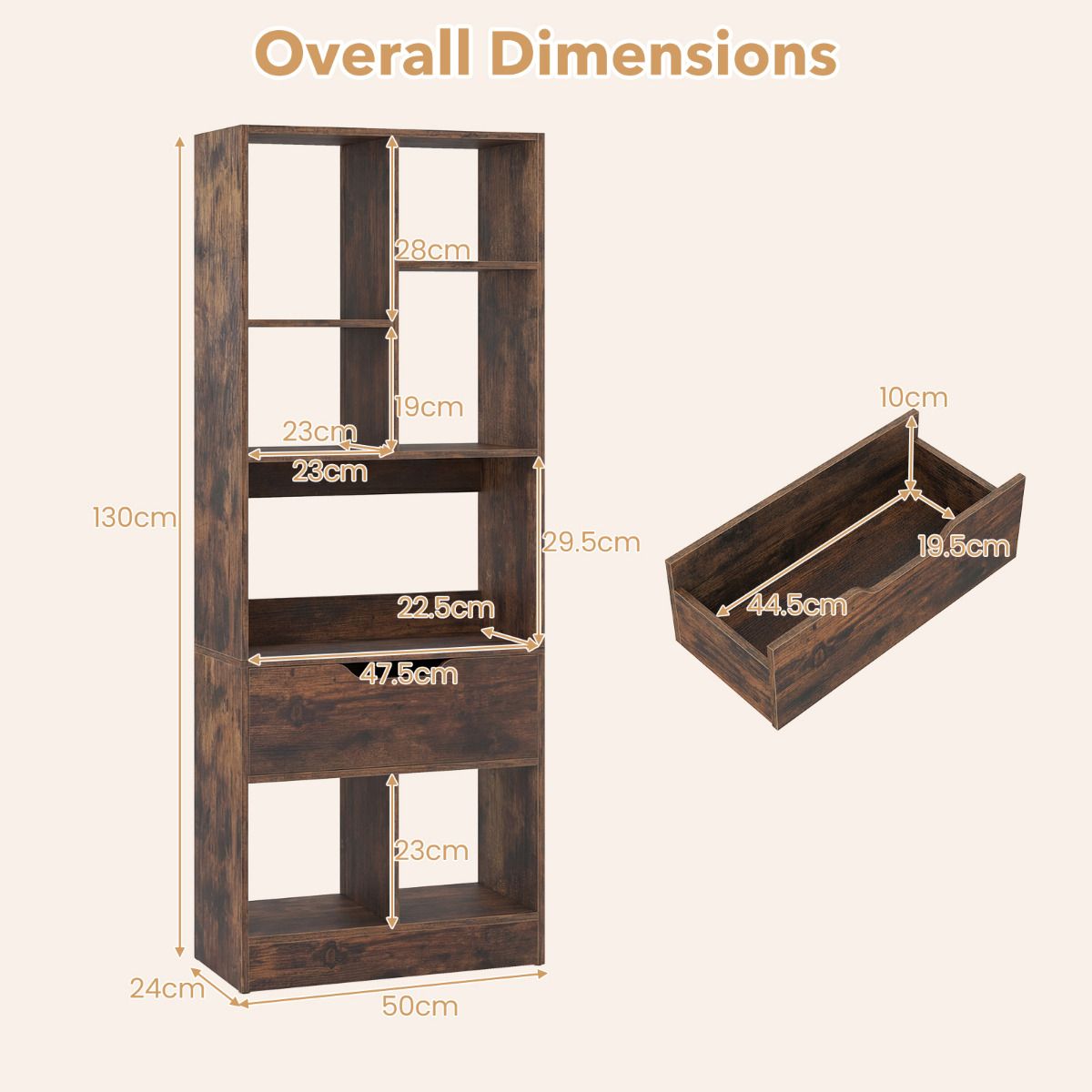 Tall Freestanding Bookshelf with Drawer and 7 Open Cubes