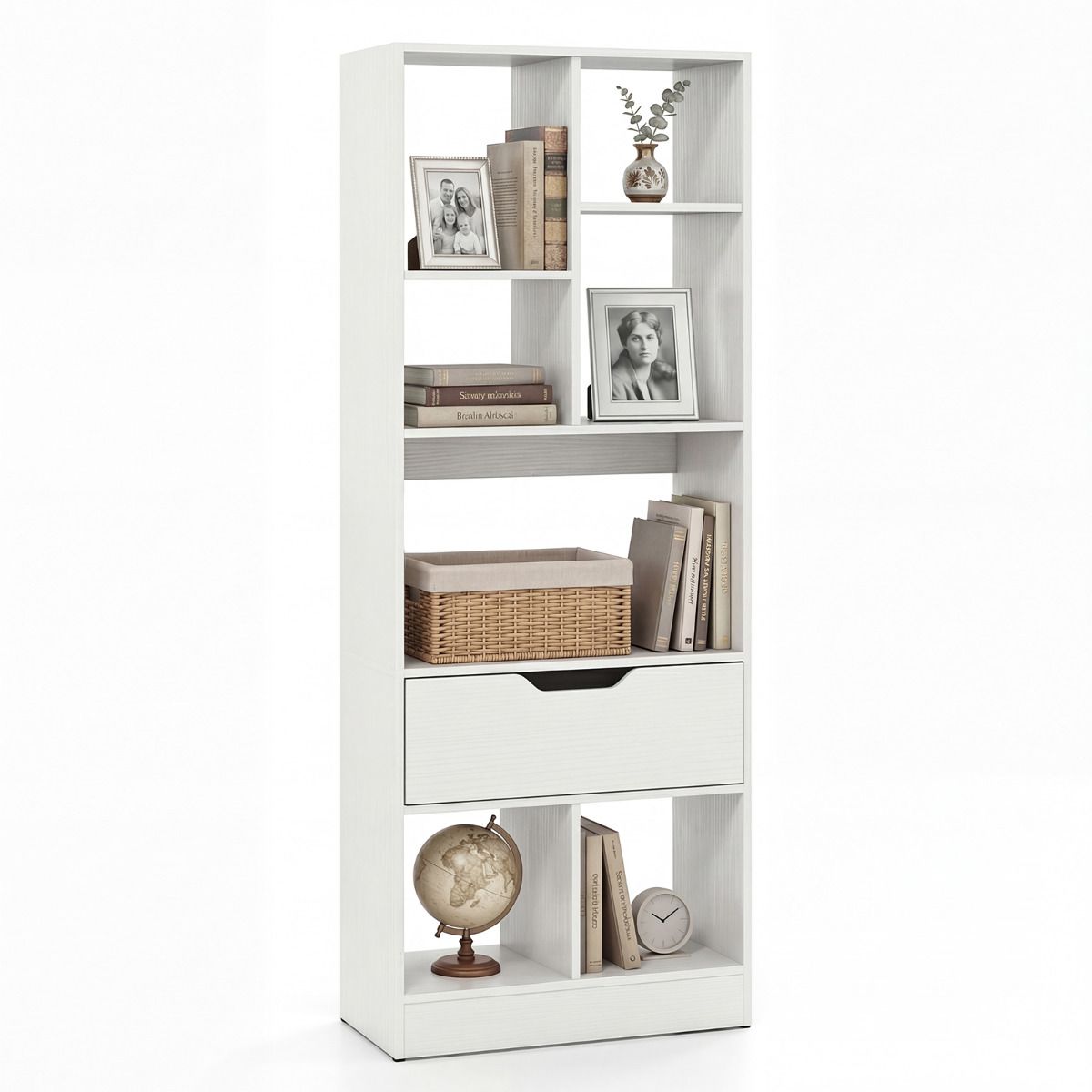 Tall Freestanding Bookshelf with Drawer and 7 Open Cubes