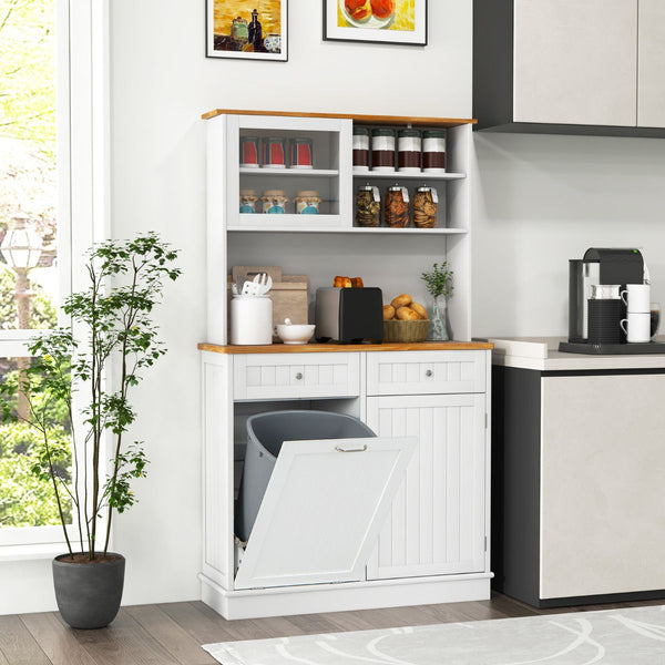 Kitchen Pantry Tilt Out Trash Cabinet with Hutch and 38 L Hidden Garbage Holder