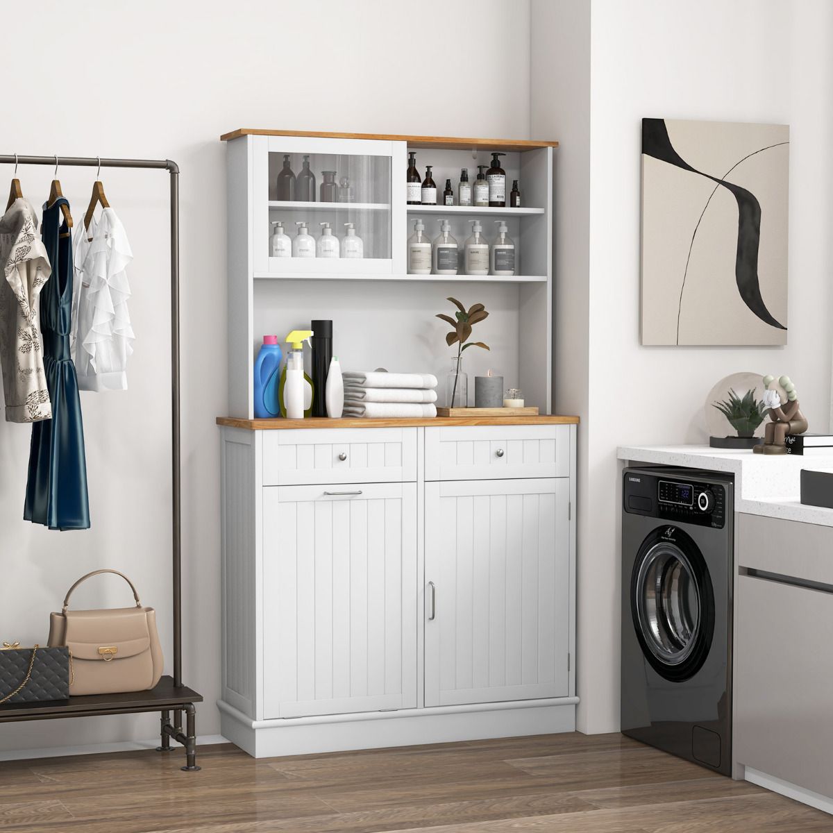 Kitchen Pantry Tilt Out Trash Cabinet with Hutch and 38 L Hidden Garbage Holder