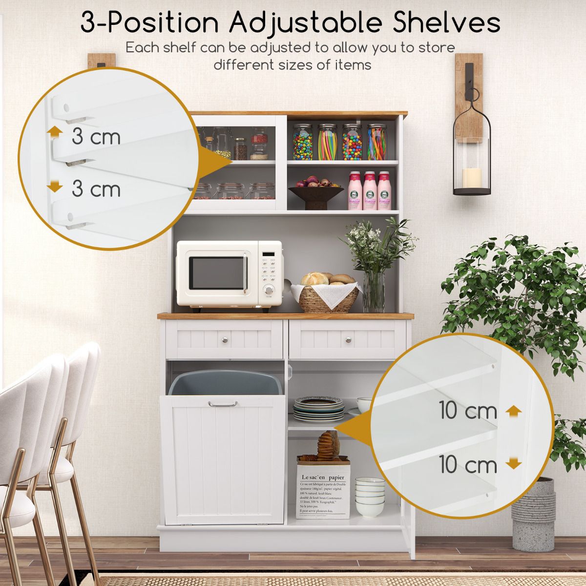 Kitchen Pantry Tilt Out Trash Cabinet with Hutch and 38 L Hidden Garbage Holder