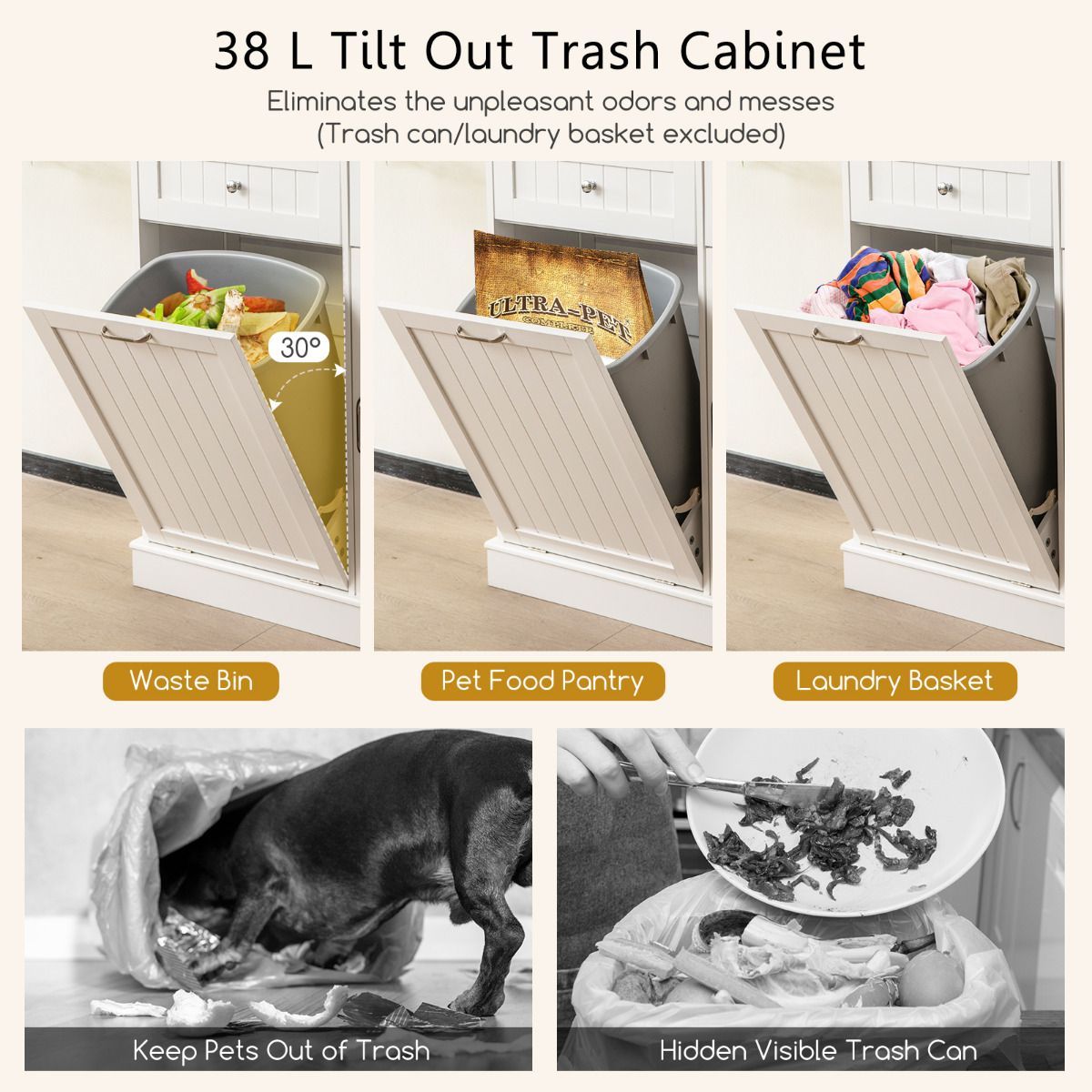 Kitchen Pantry Tilt Out Trash Cabinet with Hutch and 38 L Hidden Garbage Holder