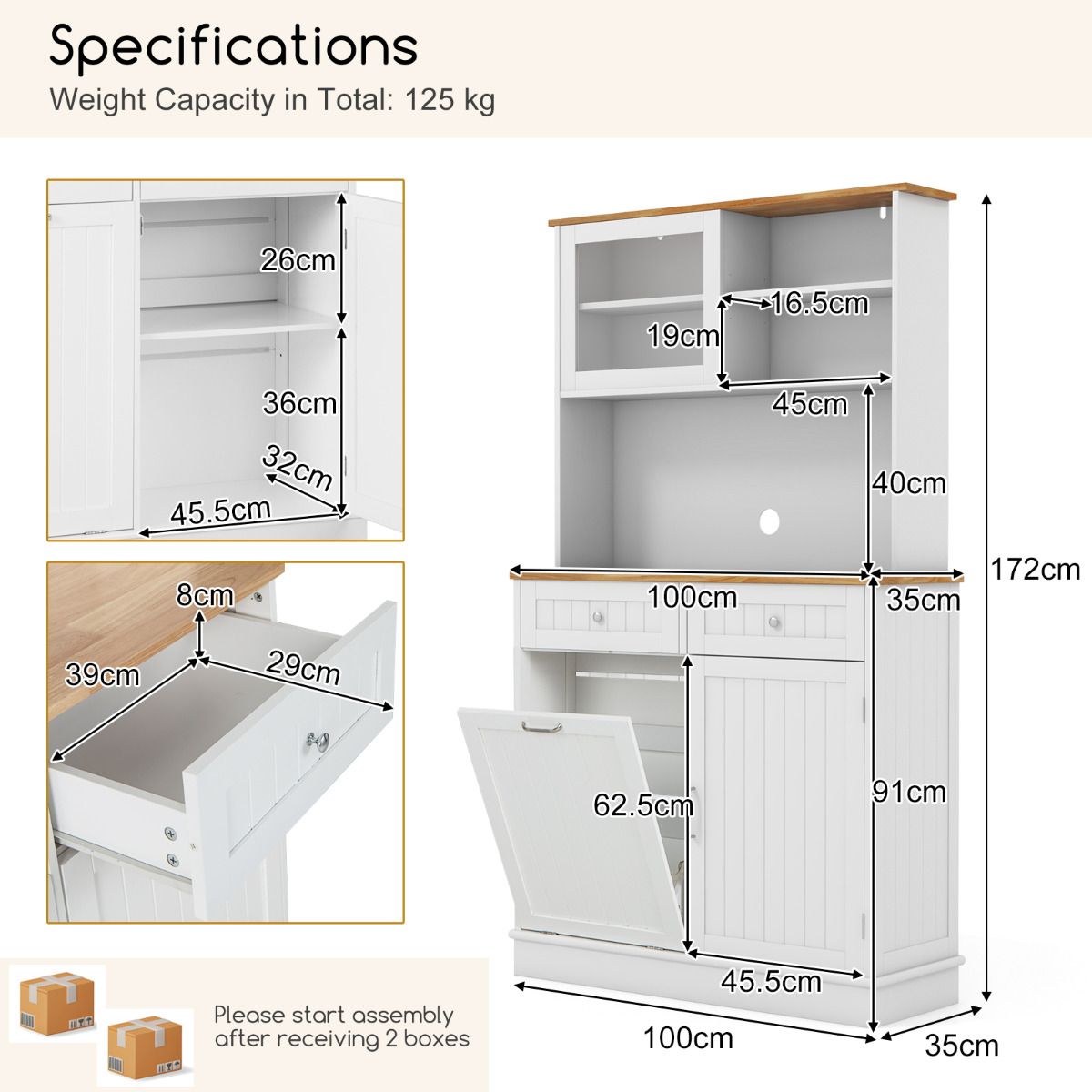 Kitchen Pantry Tilt Out Trash Cabinet with Hutch and 38 L Hidden Garbage Holder