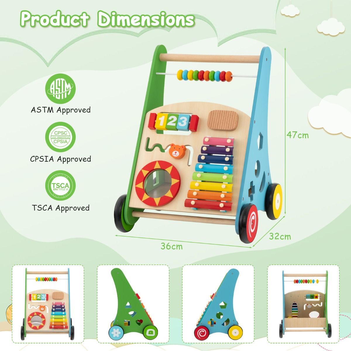 Push and Pull Learning Activity Walker with Smooth Handle for Babies & Toddlers